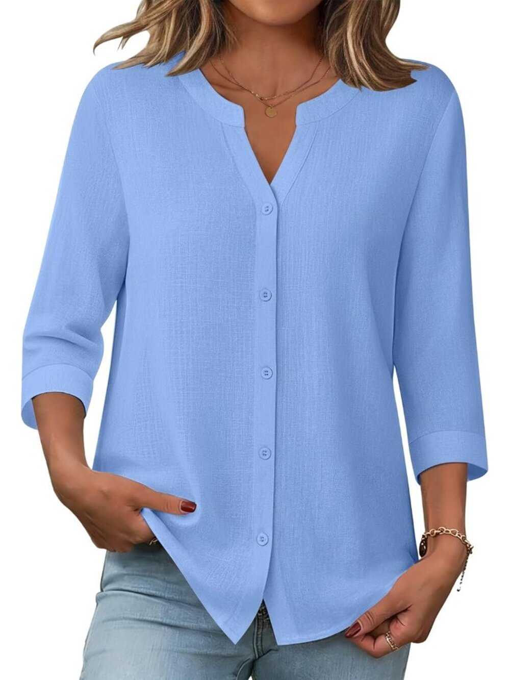 Women's Blue Button Down Sleeve Linen Cotton V Neck Casual Loose Work Blouses